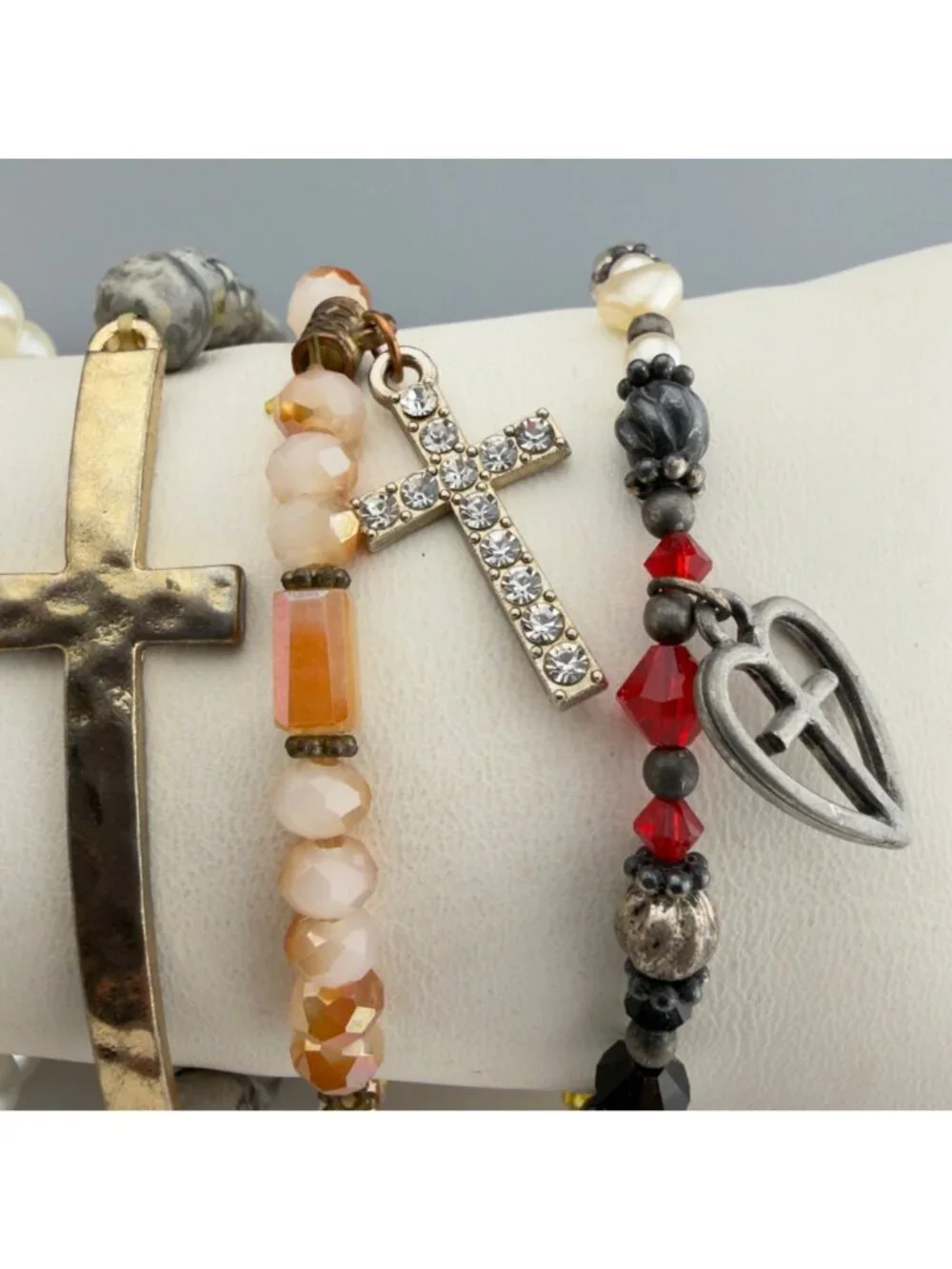 Mixed Cross Charm Beaded Stretch Bracelets Set Of 6 Multicolor